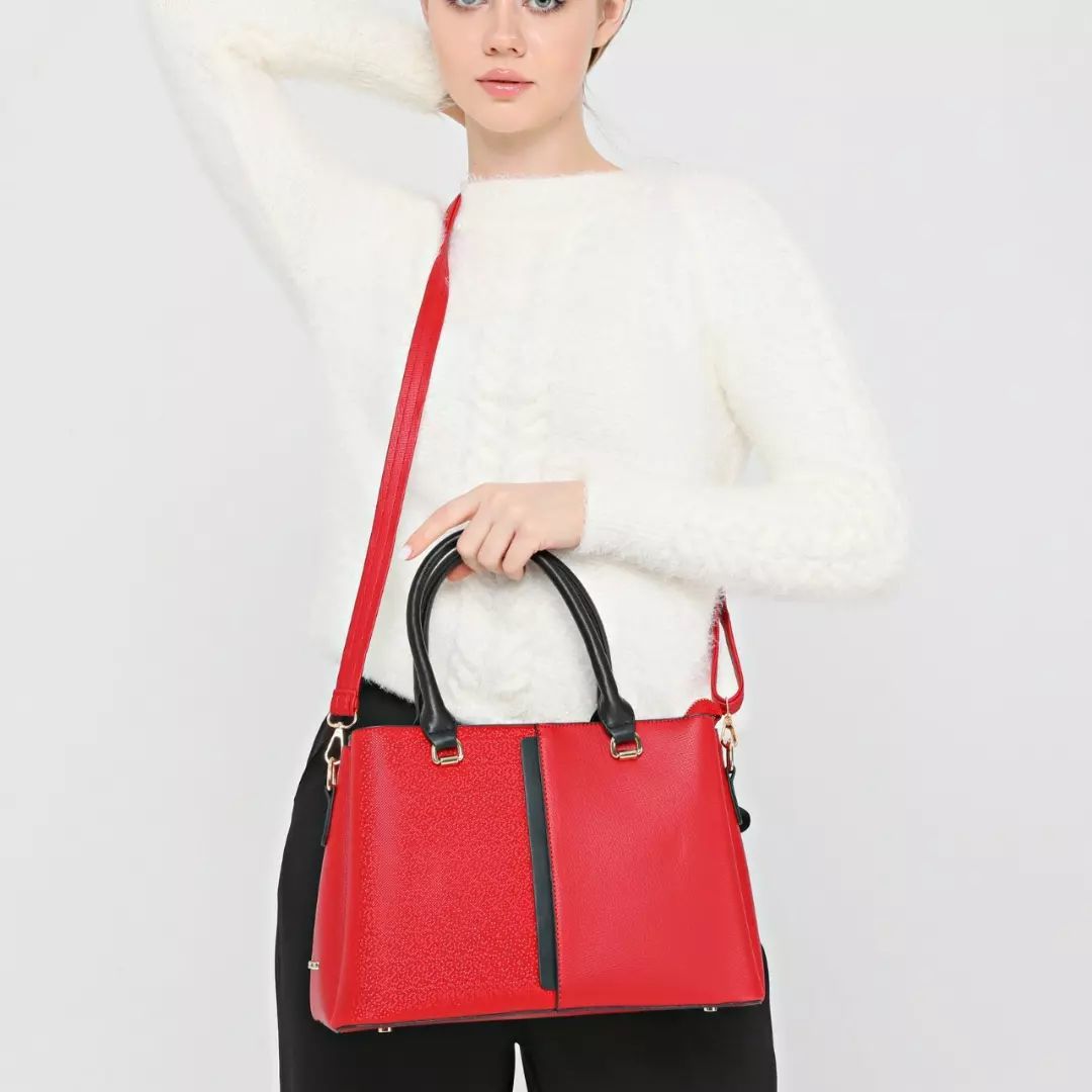 3 Bölme Kalıplı Kadın Kırmızı-Siyah El Omuz ve Çapraz Çanta