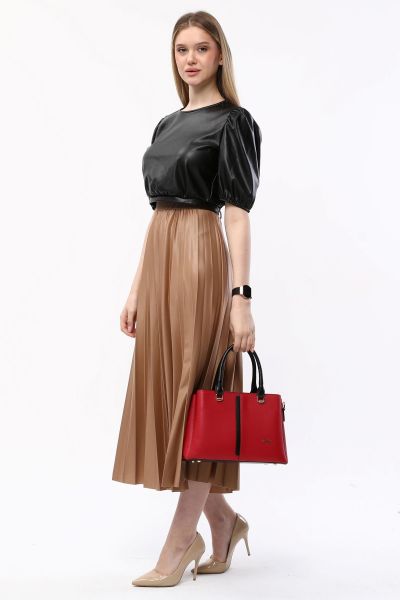 3 Bölme Kalıplı Kadın Kırmızı-Siyah El Omuz ve Çapraz Çanta