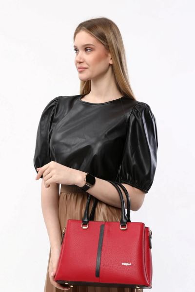 3 Bölme Kalıplı Kadın Kırmızı-Siyah El Omuz ve Çapraz Çanta