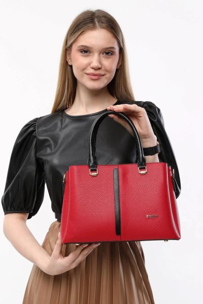 3 Bölme Kalıplı Kadın Kırmızı-Siyah El Omuz ve Çapraz Çanta
