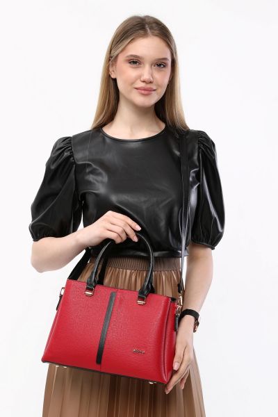 3 Bölme Kalıplı Kadın Kırmızı-Siyah El Omuz ve Çapraz Çanta