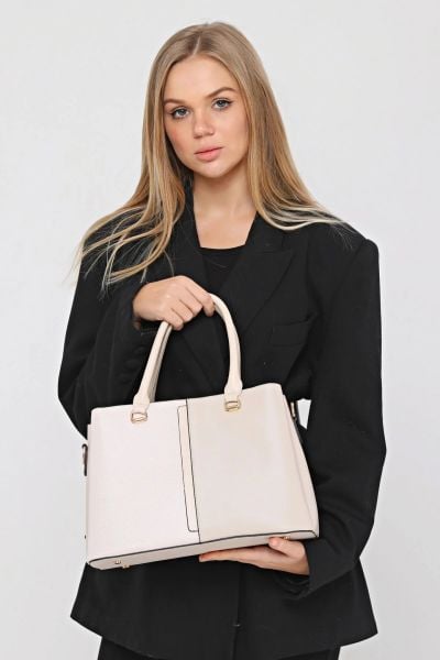 3 Bölme Kalıplı Kadın Krem El Omuz ve Çapraz Çanta