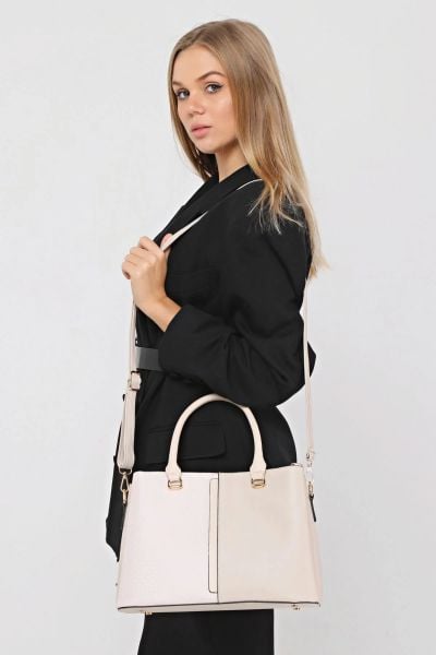 3 Bölme Kalıplı Kadın Krem El Omuz ve Çapraz Çanta