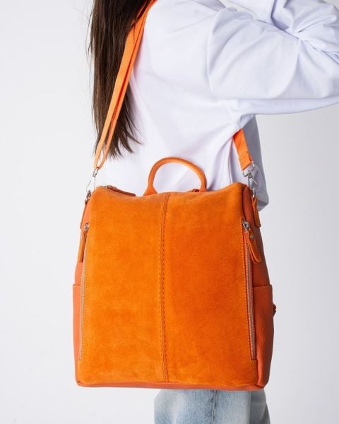 KADIN TURUNCU SÜET GERÇEK DERİ SIRT,KOL VE ÇAPRAZ ÇANTA