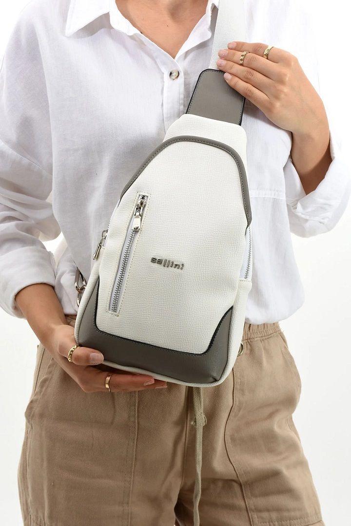 Beyaz Gri Çapraz Askılı Omuz Bel ve Göğüs Çantası Bodybag